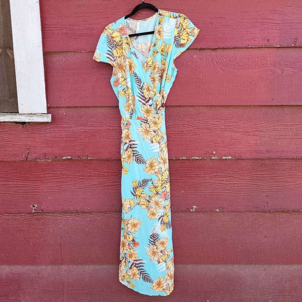 Teal Wrap Dress With Orange Flowers
